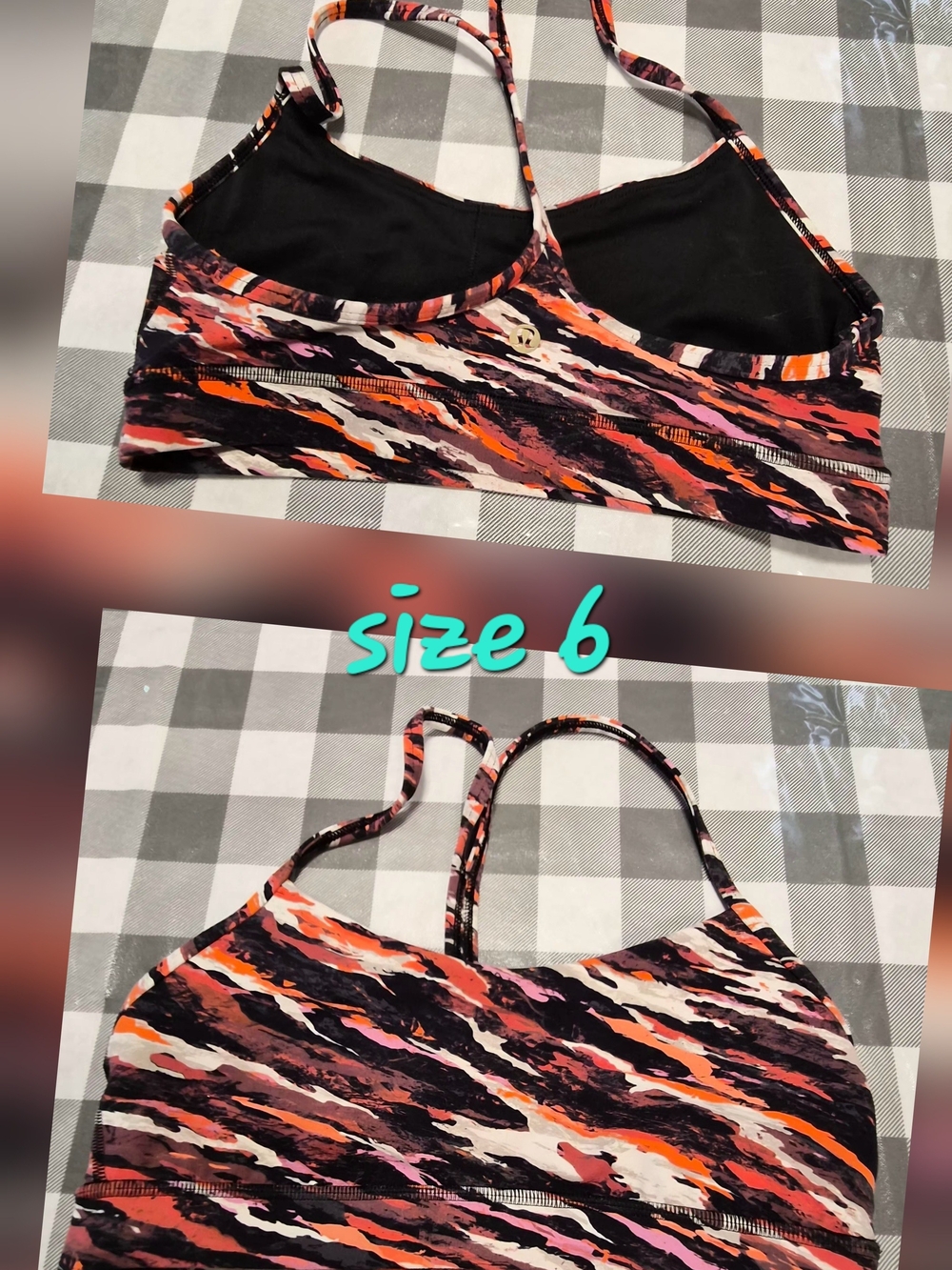 Lululemon Women Printed Strappy Sports Bra Top in Black, Orange Size 6